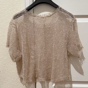 Sheer Knit Boxy Short-Sleeve Top in Beige